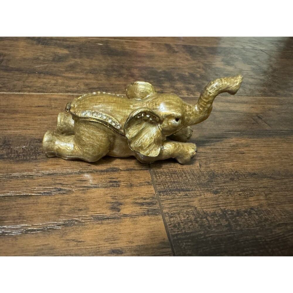 Laying Jeweled Elephant Trinket Jewelry Box. Ring. 3 1/2 in. With Extended Trunk